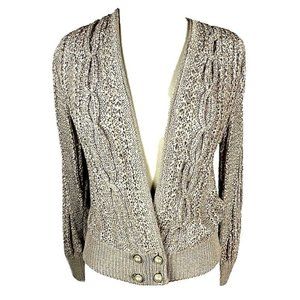 Vintage women's ribbon knit sweater with pearls & metallic 1970's Beige size M